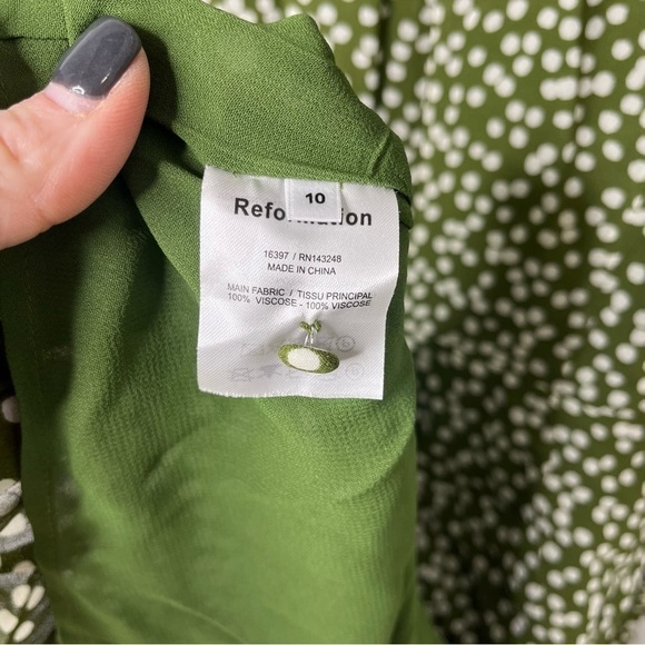 Reformation Marcy Dress Green Polka Dot Print Long Sleeve Size 10 Ruffle Trim - Picture 10 of 11